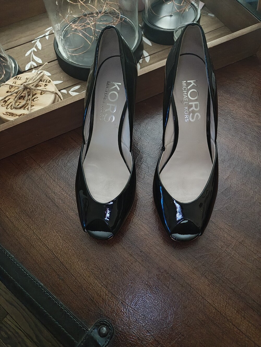 Kors MICHAEL KORS Black Patent Peep-Toe Wedges. Size 8